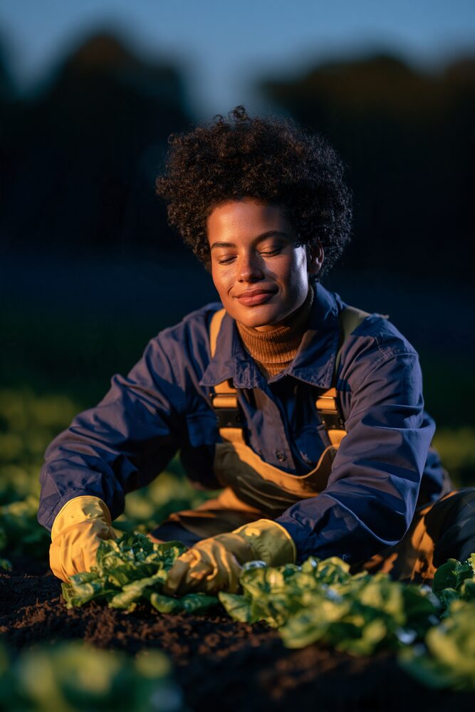 Agricultora cuidando de uma horta urbana
